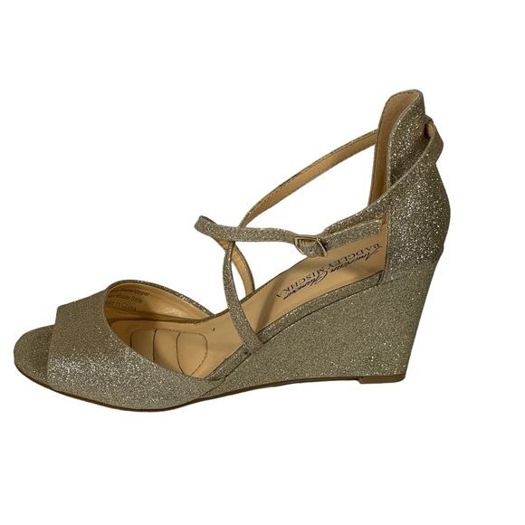 American Glamour Badgley Mischka Gold Glitter Dressy Strappy Wedge Sandals Sz 7 - Picture 6 of 14